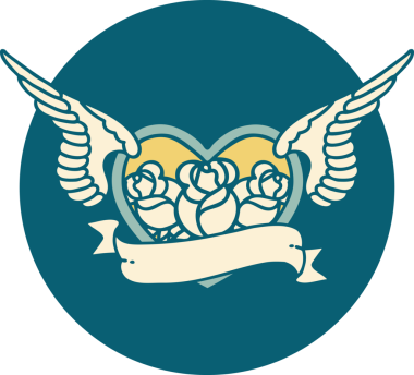 Bir insan tarafından çizilmiş çiçek ve bayrak ile uçan bir kalbin ikonik dövme görüntüsü