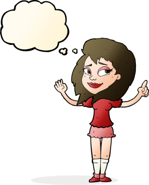 Bir insan tarafından çizilmiş düşünce baloncuğu fikri olan karikatür kadın.