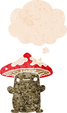 Düşünce baloncuklu çizgi film mantarı grunge sıkıntılı retro desen bir insan tarafından çizilmiş