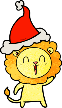 Gülen aslan eli bir insan tarafından çizilmiş Noel Baba şapkası çizilmiş.