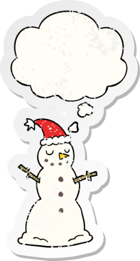 Düşünce baloncuğu olan kardan adam, insan tarafından çizilmiş yıpranmış bir çıkartma.