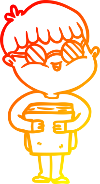 Bir insan tarafından çizilmiş kitap taşıyan gözlüklü bir çizgi film karakteri.