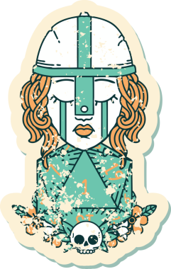 Ağlayan bir insan dövüşçüsünün grunge çıkartması. Bir insan tarafından çizilmiş doğal bir D20 ruloyla.