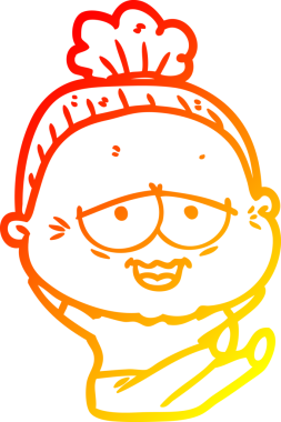 Bir insan tarafından çizilmiş mutlu, yaşlı bir kadının sıcak çizgi çizimi.