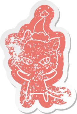 Bir insan tarafından çizilmiş Noel Baba şapkası takan bir kedinin hüzünlü çizgi filmi.