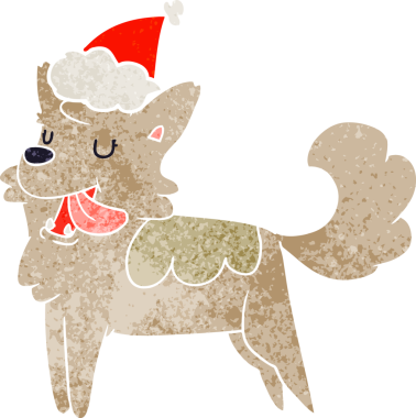 Bir insan tarafından çizilmiş Noel Baba şapkası giyen mutlu bir köpeğin el çizimi karikatürü.