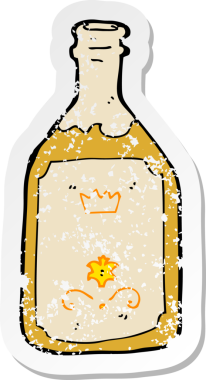 Çizgi filmin gerilimli retro etiketi bir insan tarafından çizilmiş içki şişesi.