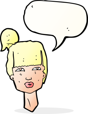 Bir insan tarafından çizilmiş konuşma balonlu bir kadın kafası.