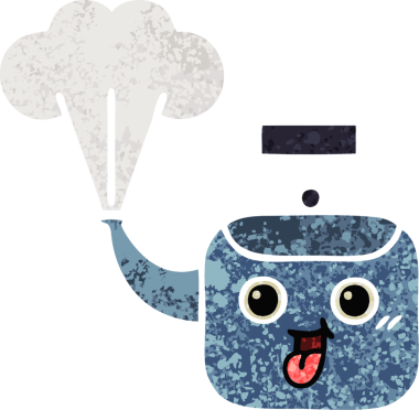 Bir insan tarafından çizilen dumanı tüten bir çaydanlığın retro çizim tarzı karikatürü