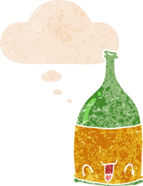 Düşünce baloncuklu çizgi film şarap şişesi grunge sıkıntılı retro tarzı bir insan tarafından çizilmiş