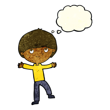 Bir insan tarafından çizilmiş düşünce baloncuğu olan heyecanlı çocuk.