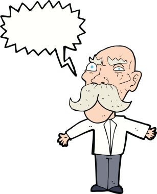 Bir insan tarafından çizilmiş konuşma balonlu kızgın yaşlı adam çizgi filmi.