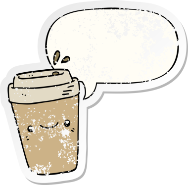 Bir insan tarafından çizilmiş, sıkıntılı, eski etiketli, konuşma balonlu bir çizgi film kahve.
