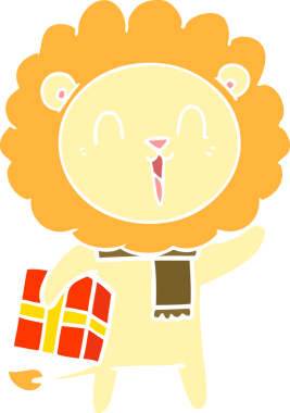 Gülen aslan düz renkli karikatür. Bir insan tarafından çizilmiş noel hediyesi.