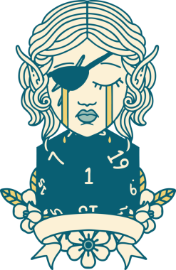 Retro Dövme Tarzı Ağlayan Elf Haydut Karakteri Bir insan tarafından çizilmiş doğal bir D20 rulosu