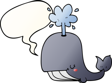 Bir insan tarafından çizilmiş, konuşma baloncuklu çizgi film balinası.