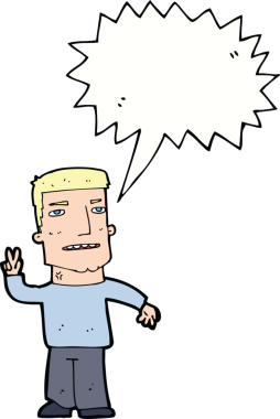 Bir insan tarafından çizilmiş konuşma balonuyla barış işareti yapan çizgi film adamı.