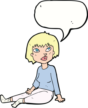 Bir insan tarafından çizilmiş konuşma baloncuğuyla yerde oturan karikatür kadın.