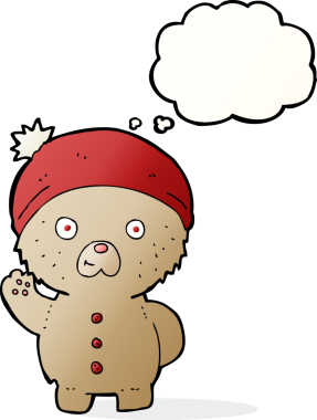 Bir insan tarafından çizilmiş düşünce baloncuğuyla kış şapkalı oyuncak ayıyı sallayan çizgi film.