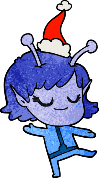 gülümseyen uzaylı kız el çizimi bir insan tarafından çizilmiş Noel Baba şapkası