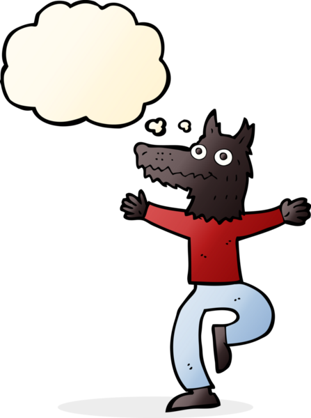 Bir insan tarafından çizilmiş düşünce balonlu bir kurt adam.