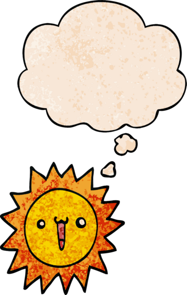 Bir insan tarafından çizilmiş grunge desenli düşünce baloncuklu çizgi film güneşi.