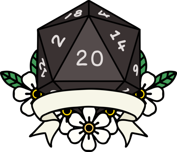 Retro Dövme Biçimi Doğal 20 kritik vuruş D20 zar bir insan tarafından çizildi