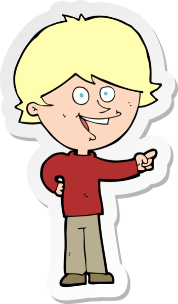 Bir insan tarafından çizilmiş, gülen ve işaret eden bir çizgi film çocuğunun çıkartması.