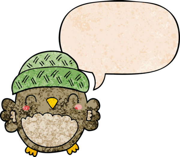 Bir insan tarafından çizilmiş eski moda konuşma baloncuğu olan şapkalı sevimli çizgi film baykuşu.