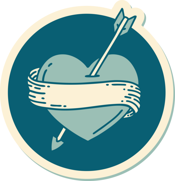 Bir insan tarafından çizilmiş ok kalp ve pankartın geleneksel stiliyle dövme çıkartması.