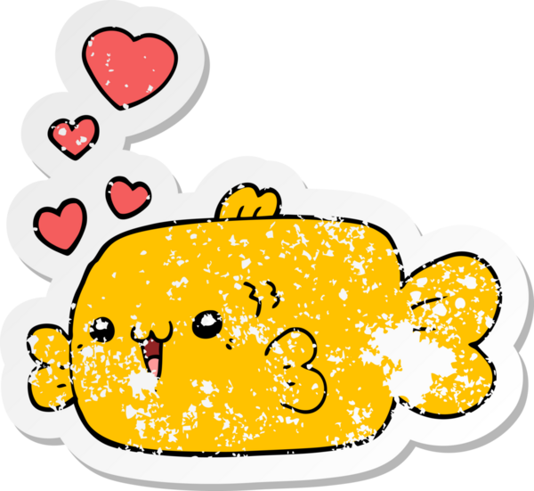 Sevgi dolu kalpleri bir insan tarafından çizilmiş şirin bir balığın kederli çıkartması.