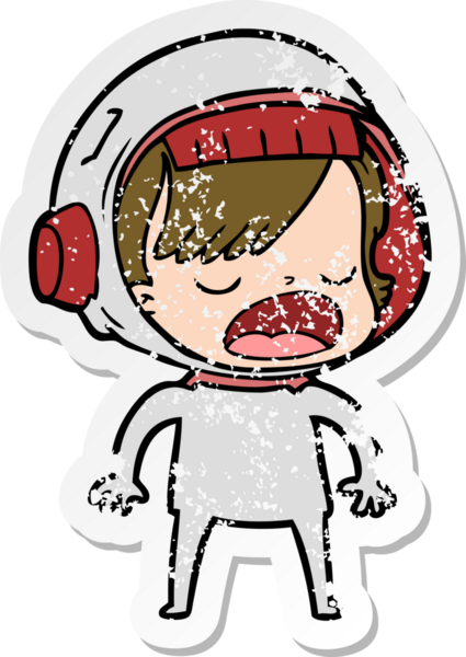 Bir astronot kadının insan tarafından çizildiğini açıklayan bir karikatür çıkartması.