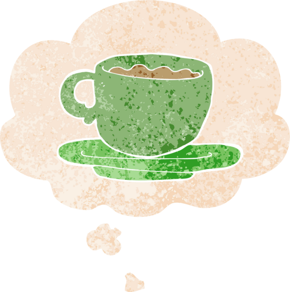 Düşünce baloncuklu bir çay fincanı grunge sıkıntılı retro desenli bir insan tarafından çizilmiş