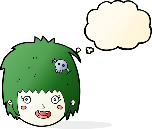 Bir insan tarafından çizilmiş düşünce balonlu mutlu vampir kız yüzü.