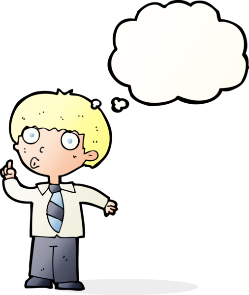 Bir insan tarafından çizilmiş düşünce baloncuğuyla ilgili soru soran bir okul çocuğu.