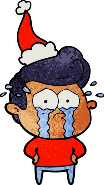 Bir insan tarafından çizilmiş, ağlayan, Noel Baba şapkası takan bir adamın el yapımı karikatürü.