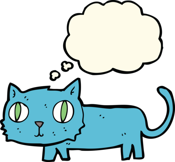 Bir insan tarafından çizilmiş düşünce kabarcığı olan çizgi film kedisi.