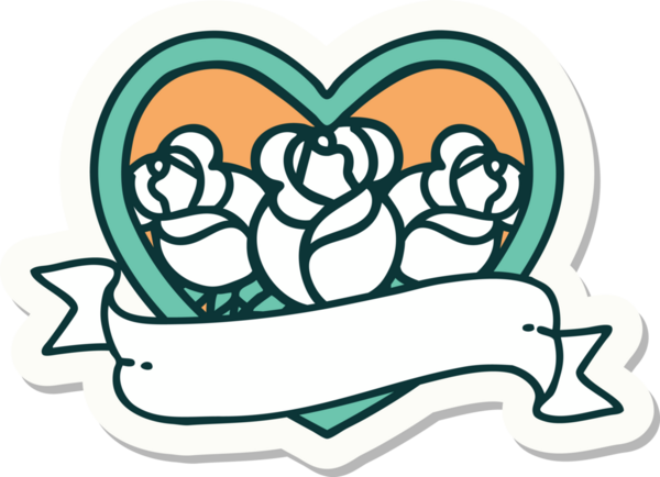 Geleneksel kalp stili dövme çıkartması ve bir insan tarafından çizilmiş çiçekli pankart.