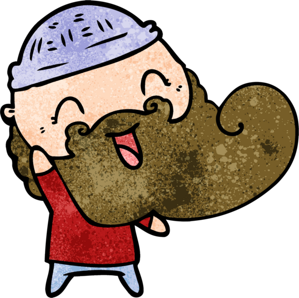 Bir insan tarafından çizilmiş sakallı ve kış şapkalı mutlu bir adam.