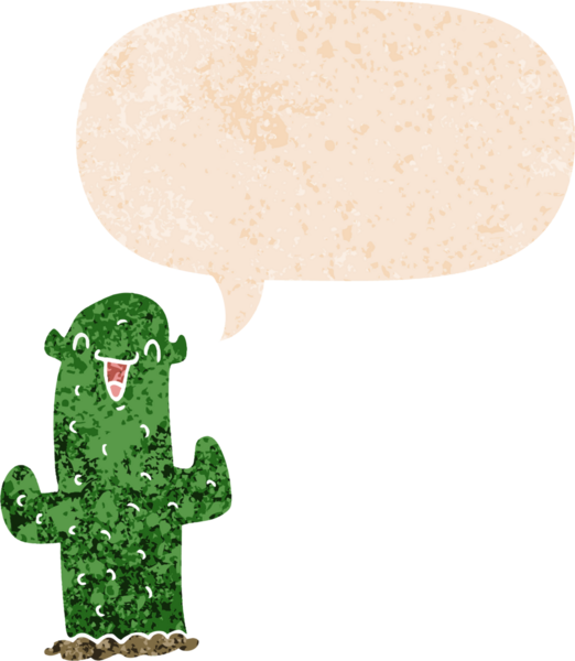 çizgi film kaktüsleri ve grunge içinde konuşma kabarcığı bir insan tarafından çizilmiş rahatsız edilmiş retro dokuma tarzı.