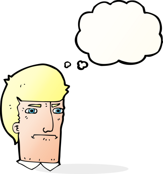 Bir insan tarafından çizilmiş düşünce baloncuğuyla gözlerini kısarak bakan çizgi film adamı.