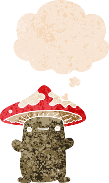 Düşünce baloncuklu çizgi film mantarı grunge sıkıntılı retro desen bir insan tarafından çizilmiş