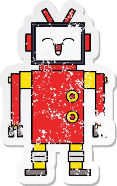 Bir insan tarafından çizilmiş sevimli bir robot çizgi film çıkartması.