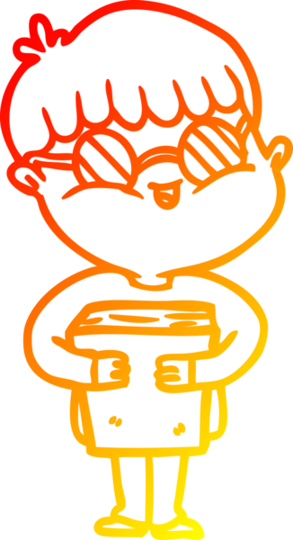 Bir insan tarafından çizilmiş kitap taşıyan gözlüklü bir çizgi film karakteri.