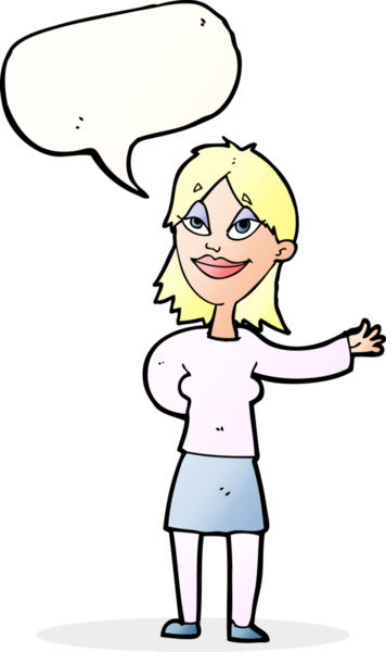 Bir insan tarafından çizilmiş konuşma baloncuğu olan bir şey göstermek isteyen bir karikatür kadını.