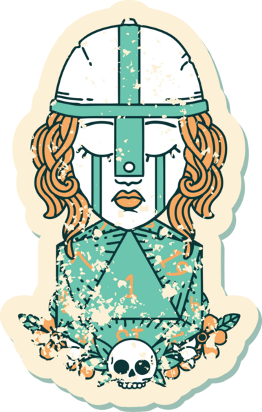 Ağlayan bir insan dövüşçüsünün grunge çıkartması. Bir insan tarafından çizilmiş doğal bir D20 ruloyla.