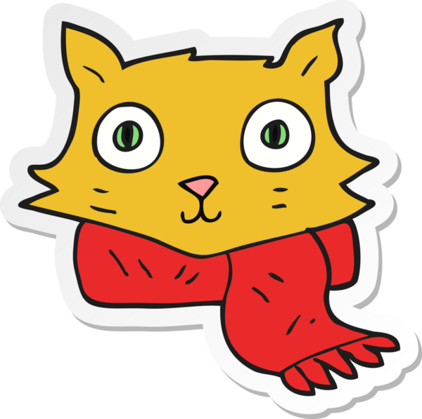 Bir insan tarafından çizilmiş eşarp takan çizgi film kedisinin çıkartması.