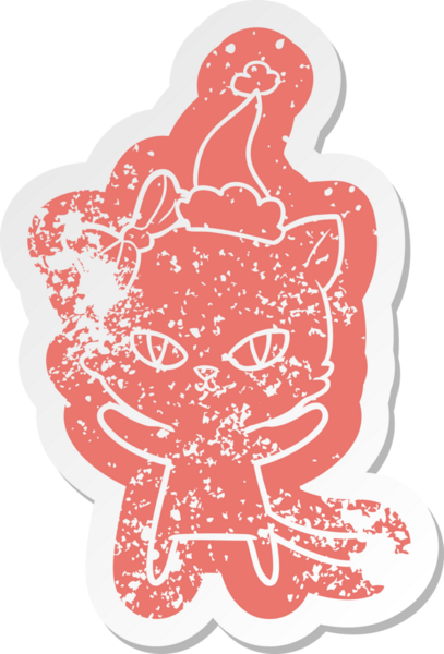 Bir insan tarafından çizilmiş Noel Baba şapkası takan bir kedinin hüzünlü çizgi filmi.