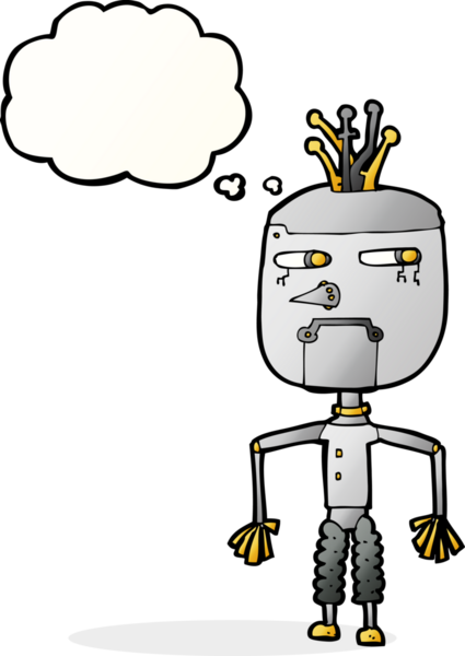 Bir insan tarafından çizilmiş düşünce baloncuklu çizgi film robotu