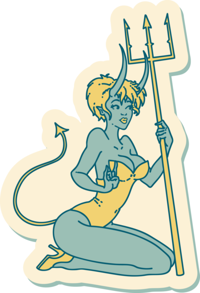 Geleneksel stil dövme çıkartması. Bir insan tarafından çizilmiş şeytan kız resmi.